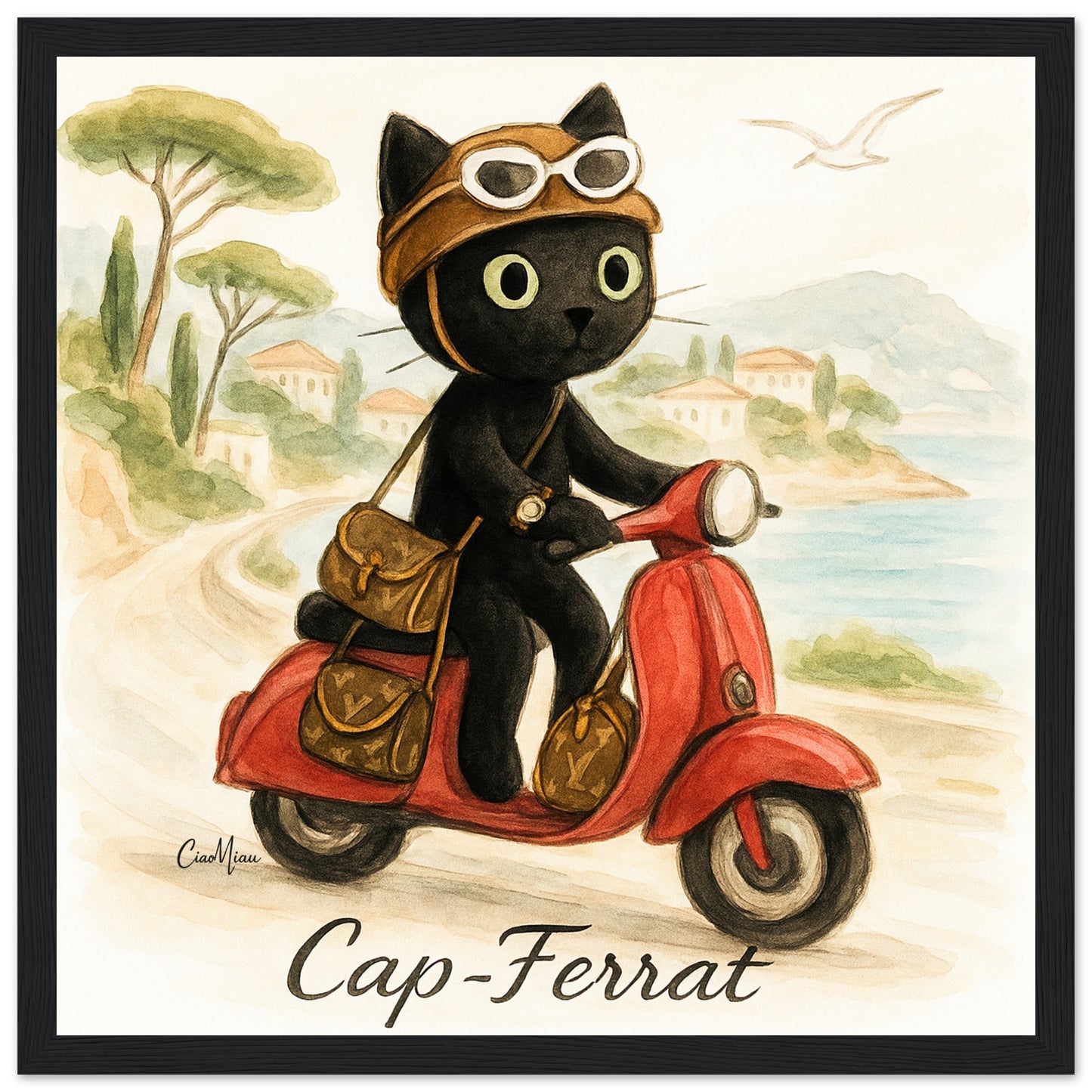 CiaoMiau black cat riding vintage red Vespa scooter on French Riviera Cap Ferrat coastal road, stylish travel art print with luxury bags