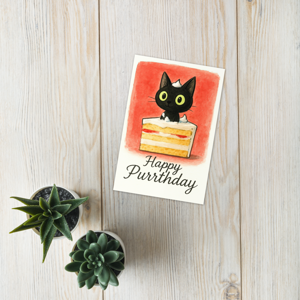 Geburtstagskarte mit schwarzer Katze — Happy Purrthday — Aquarell Grußkarte auf Holztisch — Geschenkidee für Katzenliebhaber