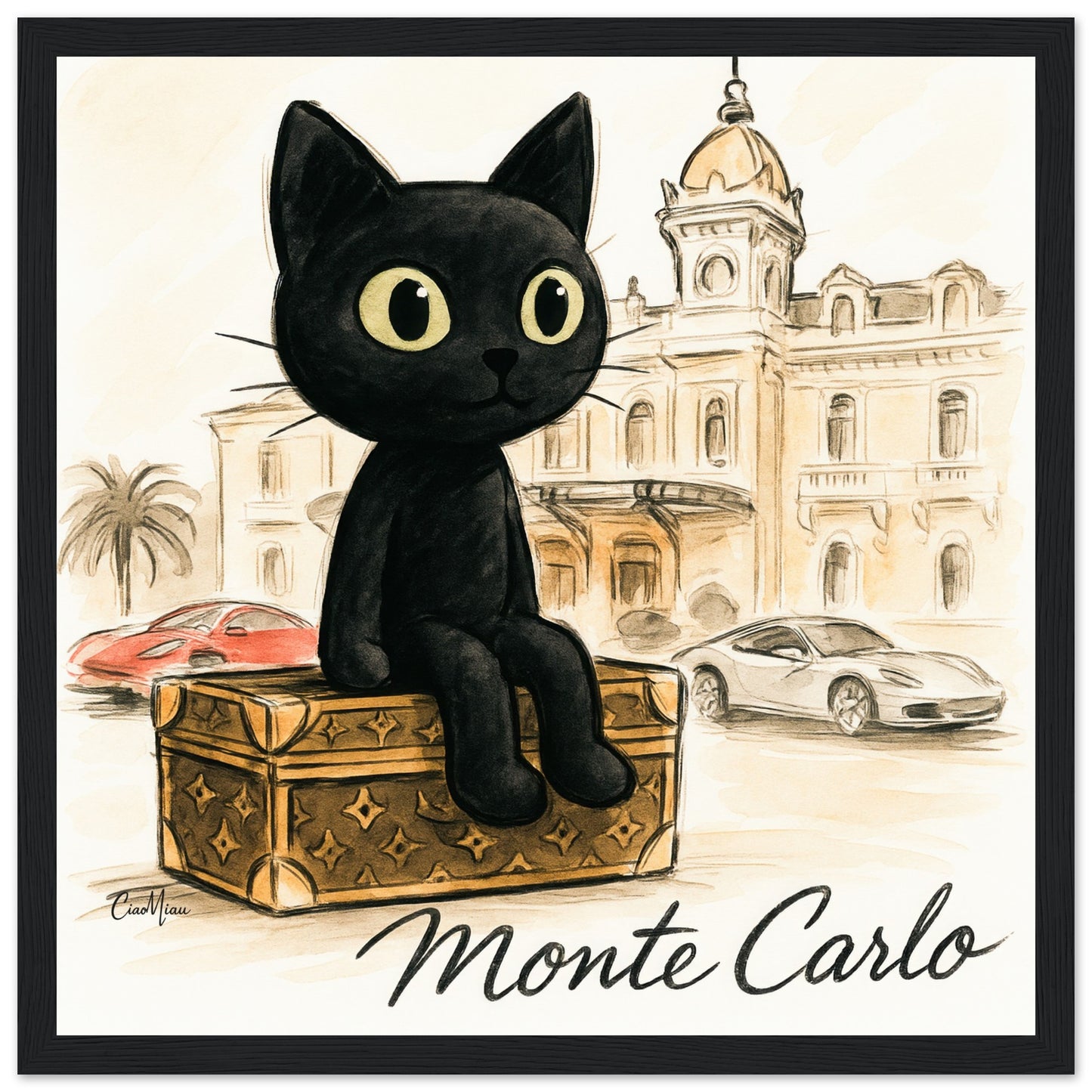 CiaoMiau black cat sitting on luxury designer trunk at Monte Carlo Casino Square Monaco, stylish black cat art print with sports cars and glamour