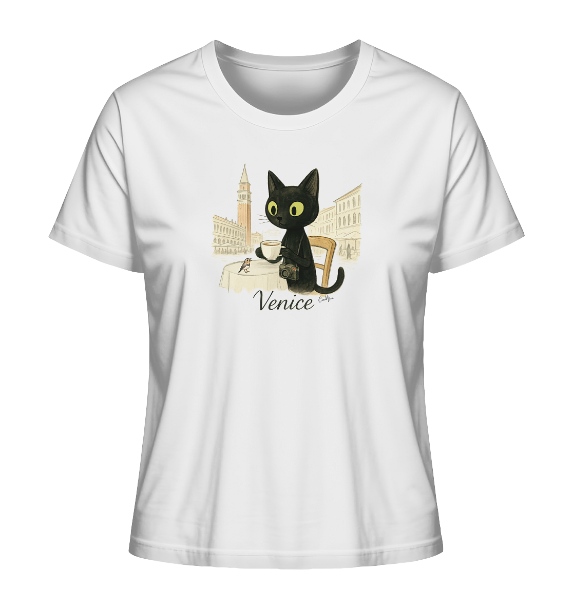 CiaoMiau Venice Cat Shirt – süßes Damen T-Shirt mit schwarzer Katze beim Espresso am Markusplatz in Venedig, Vintage Italy Design