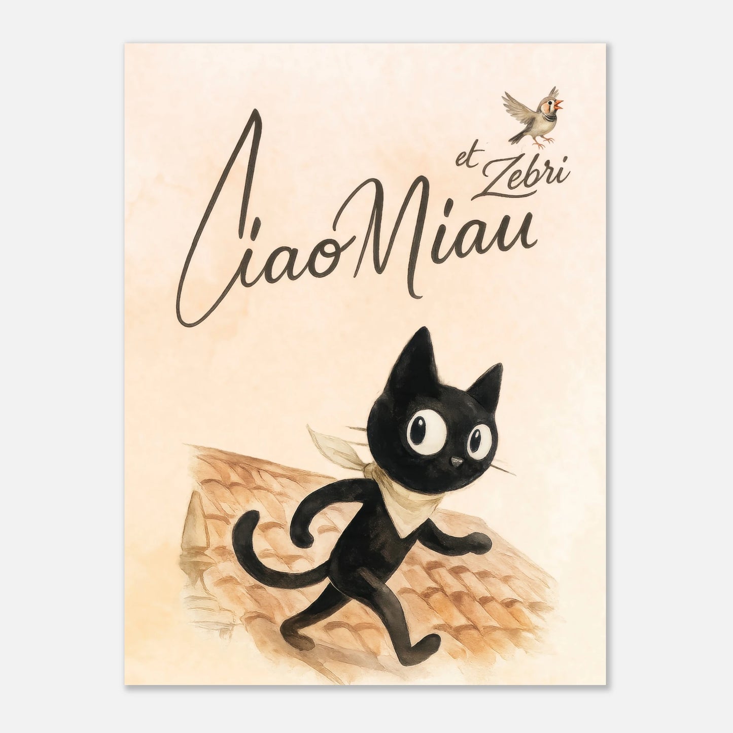 CiaoMiau auf mediterranem Dach – liebevoll illustriertes Aquarell-Poster mit Zebri, perfekt für Kinderzimmer, Wohnzimmer oder kreative Räume.