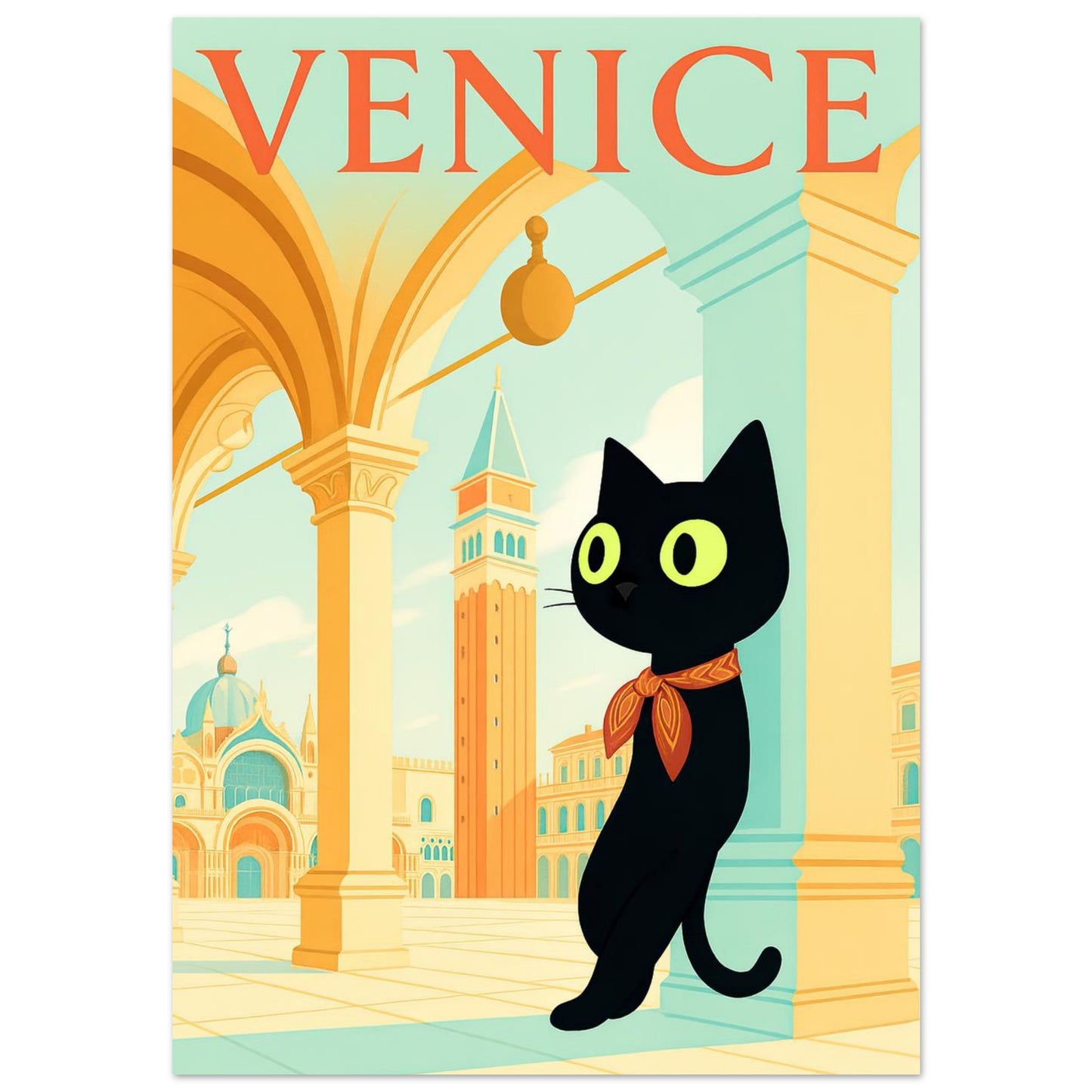 CiaoMiau Venice art print, black cat travel poster with Piazza San Marco background, Italy wall art in vintage style