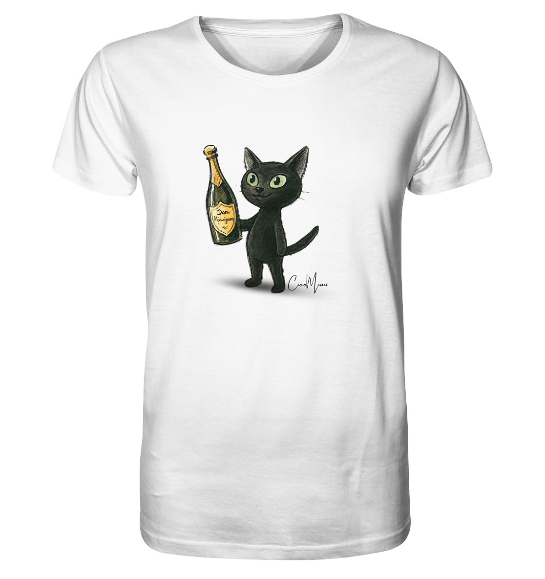 CiaoMiau schwarze Katze mit Dom Pérignon Champagner Flasche – stilvolles Organic Cotton T-Shirt mit Cat Champagne Motiv