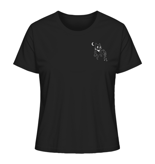 Schwarzes Bio-Shirt mit kleinem Brustprint der schwarzen Katze CiaoMiau, die Diamanten verteilt – Design aus der Velvet Thief Edition
