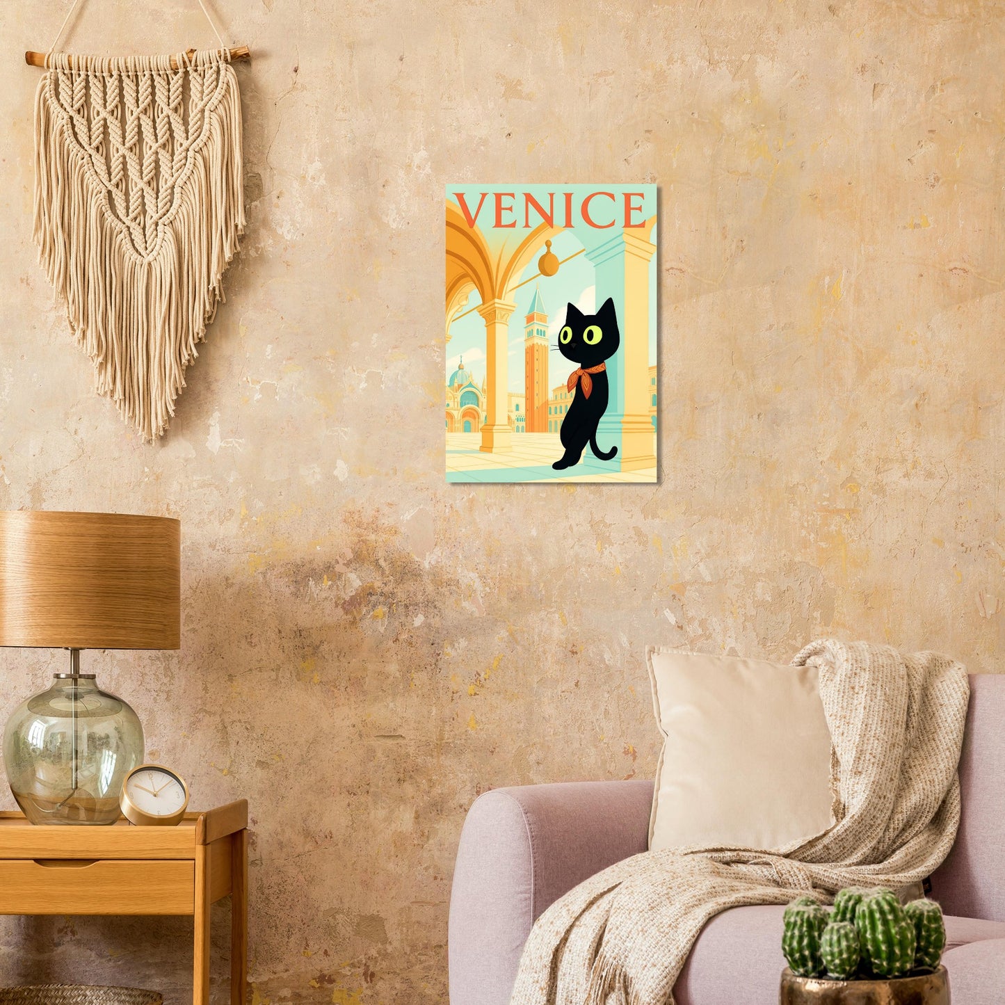 CiaoMiau black cat Venice art poster in boho living room wall decor