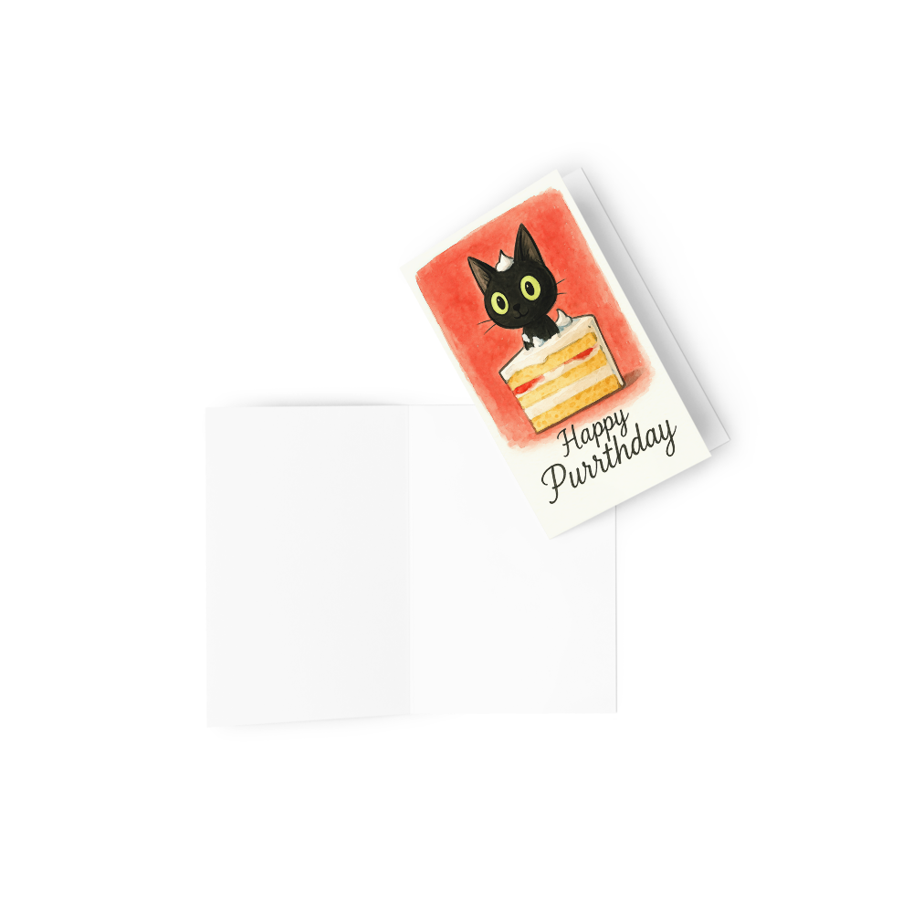 Inside view of cute black cat birthday card — Happy Purrthday — CiaoMiau watercolor greeting card with envelope — perfect for cat lovers
