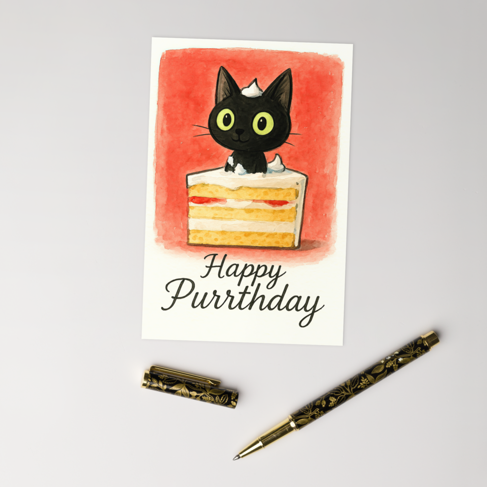 Süße Geburtstagskarte mit schwarzer Katze — Happy Purrthday — Aquarell Grußkarte mit Umschlag — perfekte Geschenkidee für Katzenliebhaber