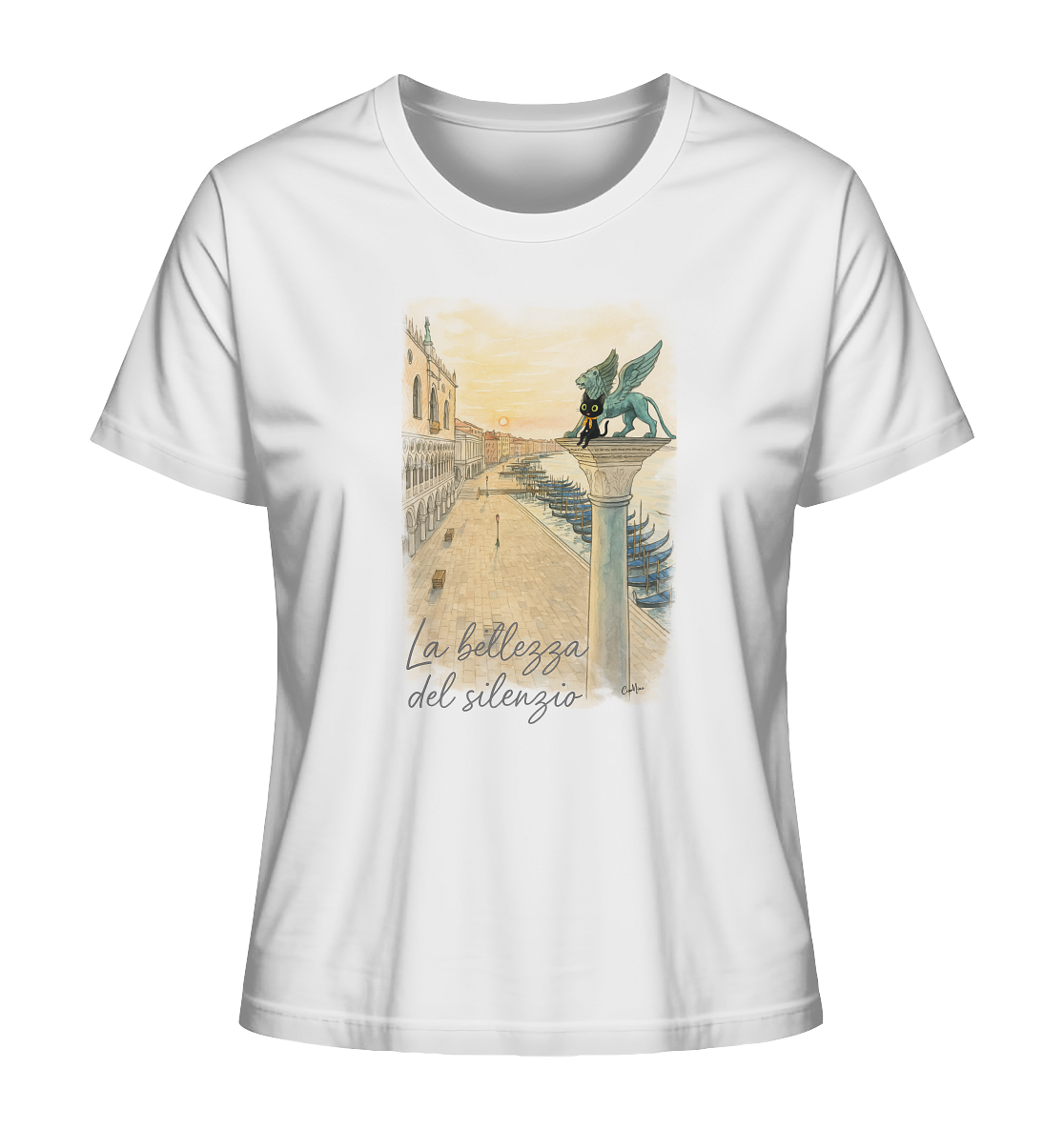 CiaoMiau La Bellezza del Silenzio Shirt – Damen T-Shirt mit schwarzer Katze auf Löwensäule in Venedig, Morgensonne am Markusplatz, poetisches Italien-Design