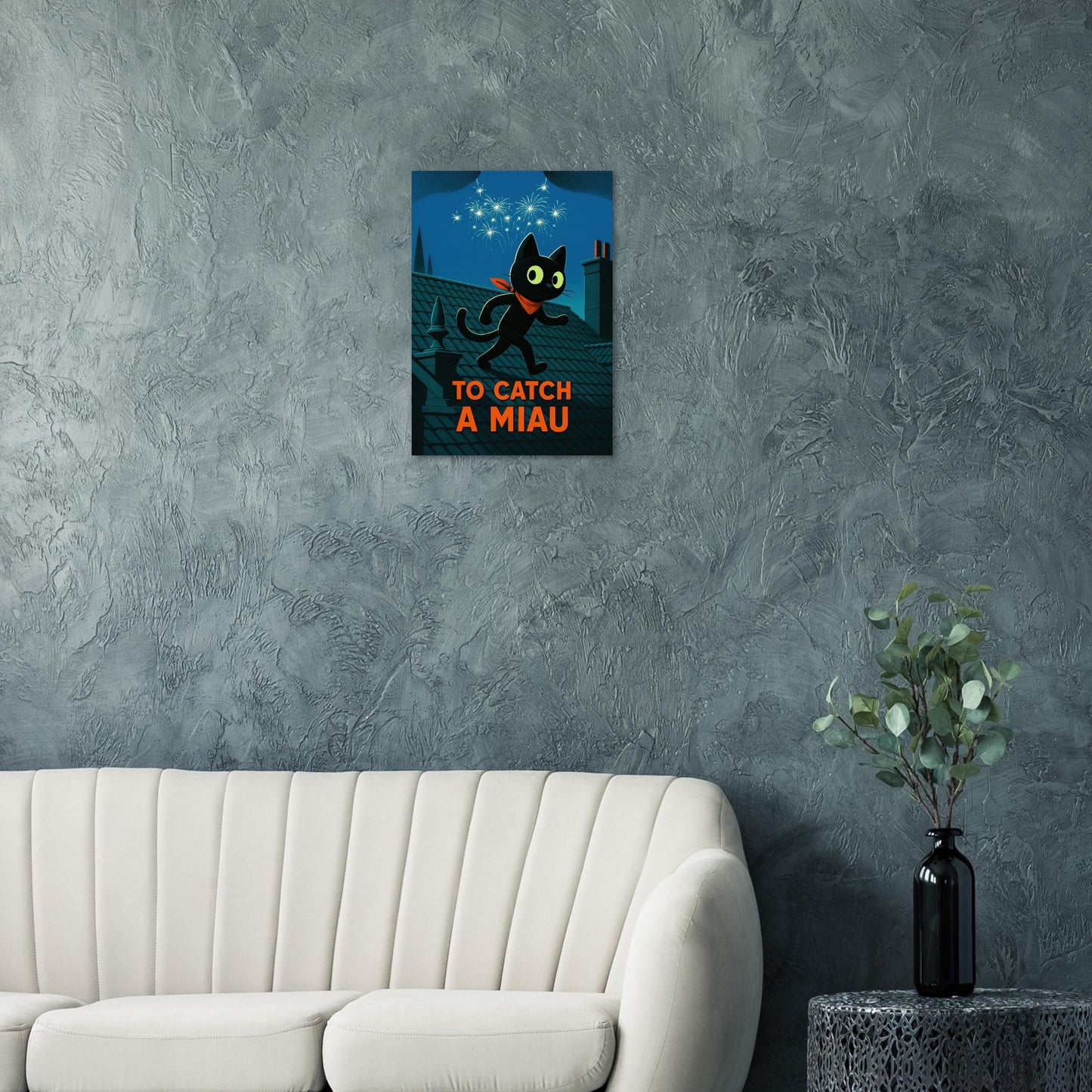 CiaoMiau "To Catch a Miau" art print on dark grey textured wall - luxury poster style, elegant wall art above modern sofa, vintage movie poster with black cat illustration