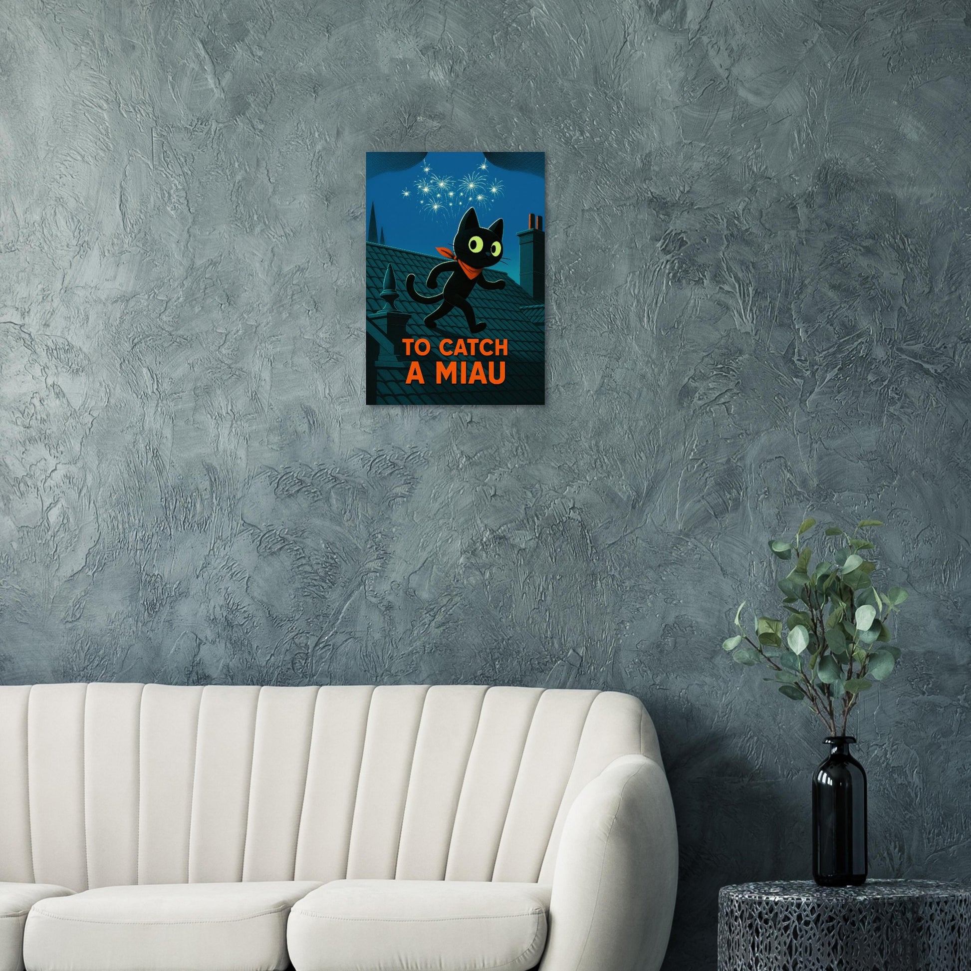 CiaoMiau "To Catch a Miau" art print on dark grey textured wall - luxury poster style, elegant wall art above modern sofa, vintage movie poster with black cat illustration