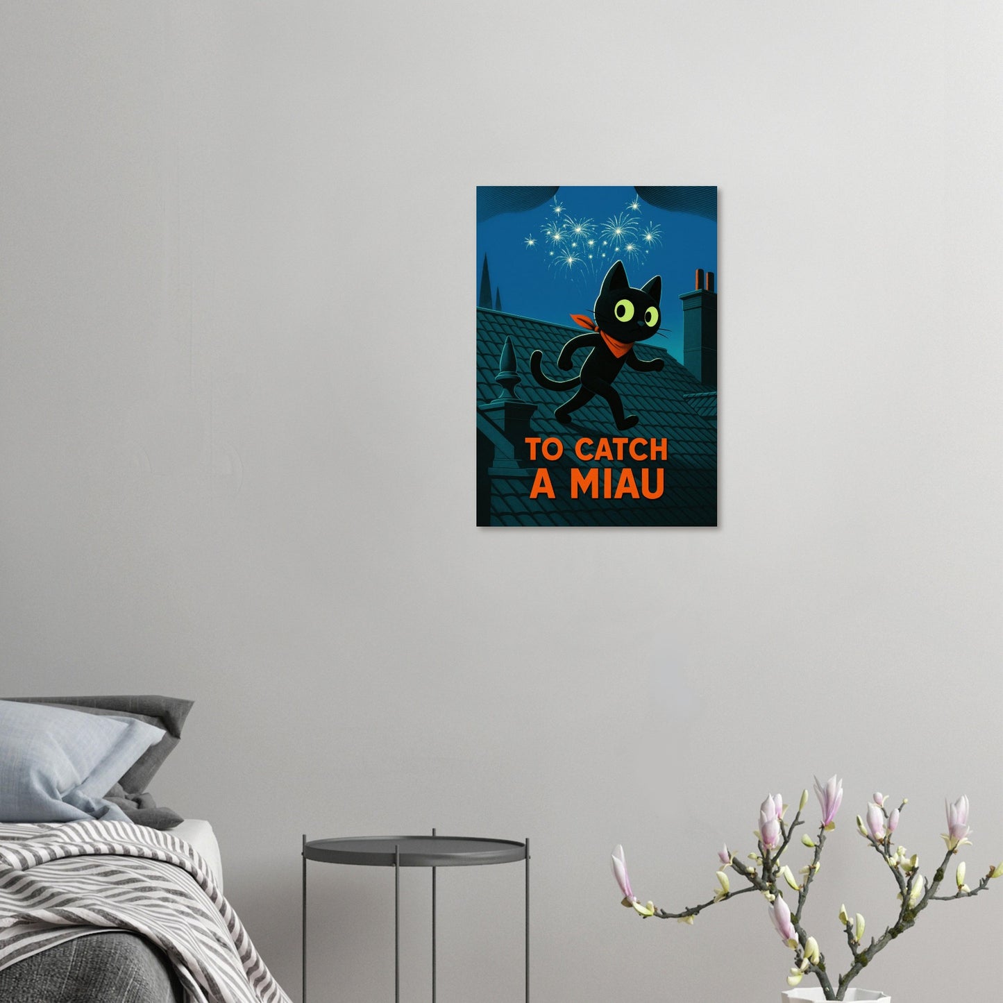 CiaoMiau "To Catch a Miau" art print in minimalist modern bedroom, light grey wall with designer poster, black cat vintage movie art, elegant wall decoration above bed and side table
