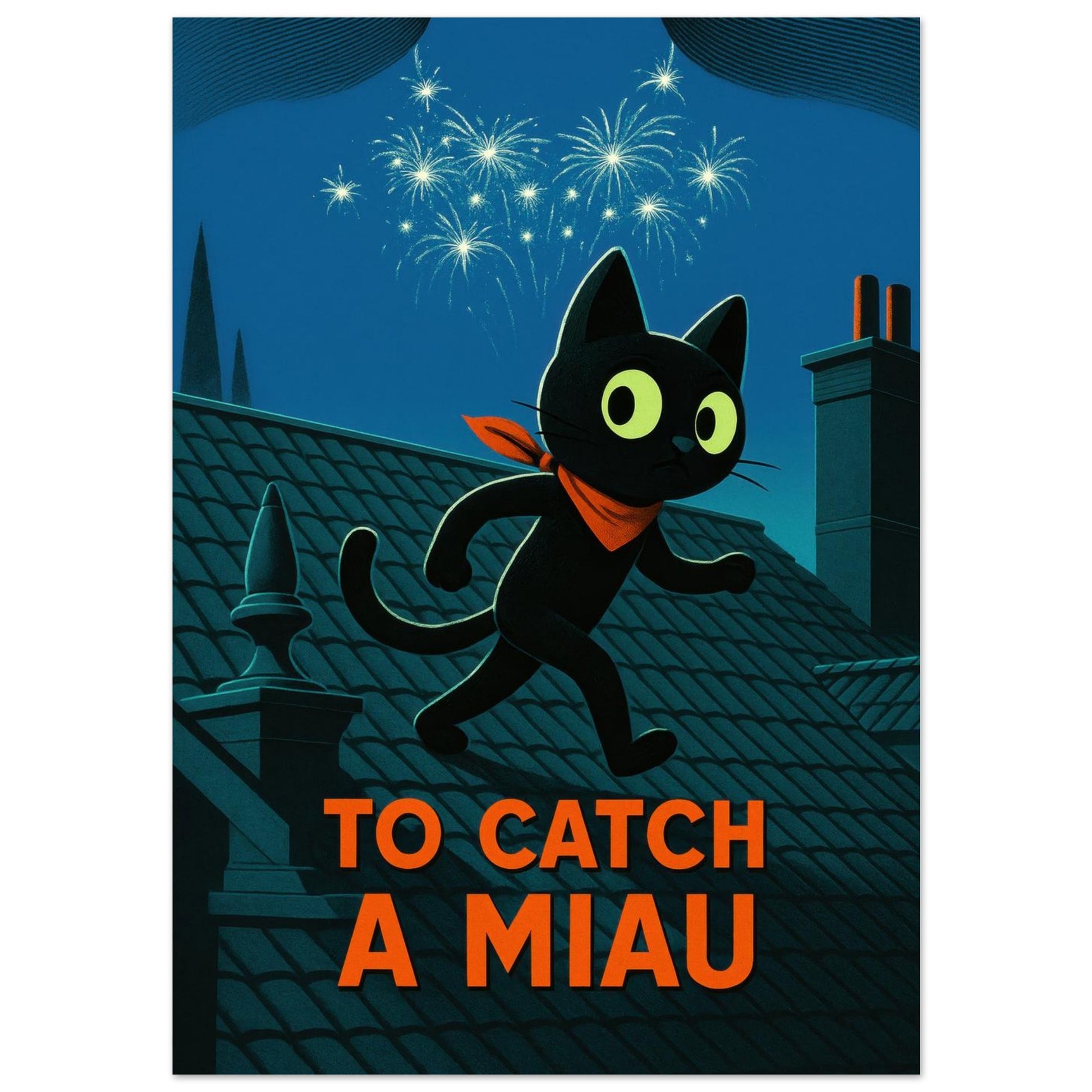 CiaoMiau "To Catch a Miau" art print - vintage movie poster style with black cat on Paris rooftops and fireworks