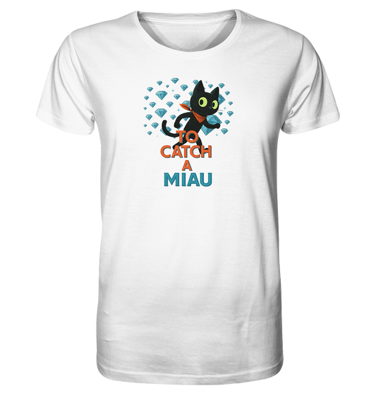 CiaoMiau To Catch a Miau Shirt – Damen T-Shirt mit schwarzer Katze, Diebstahl-Motiv, rote Fliege, Diamanten-Hintergrund, verspieltes Katzen-Design auf Organic T-Shirt