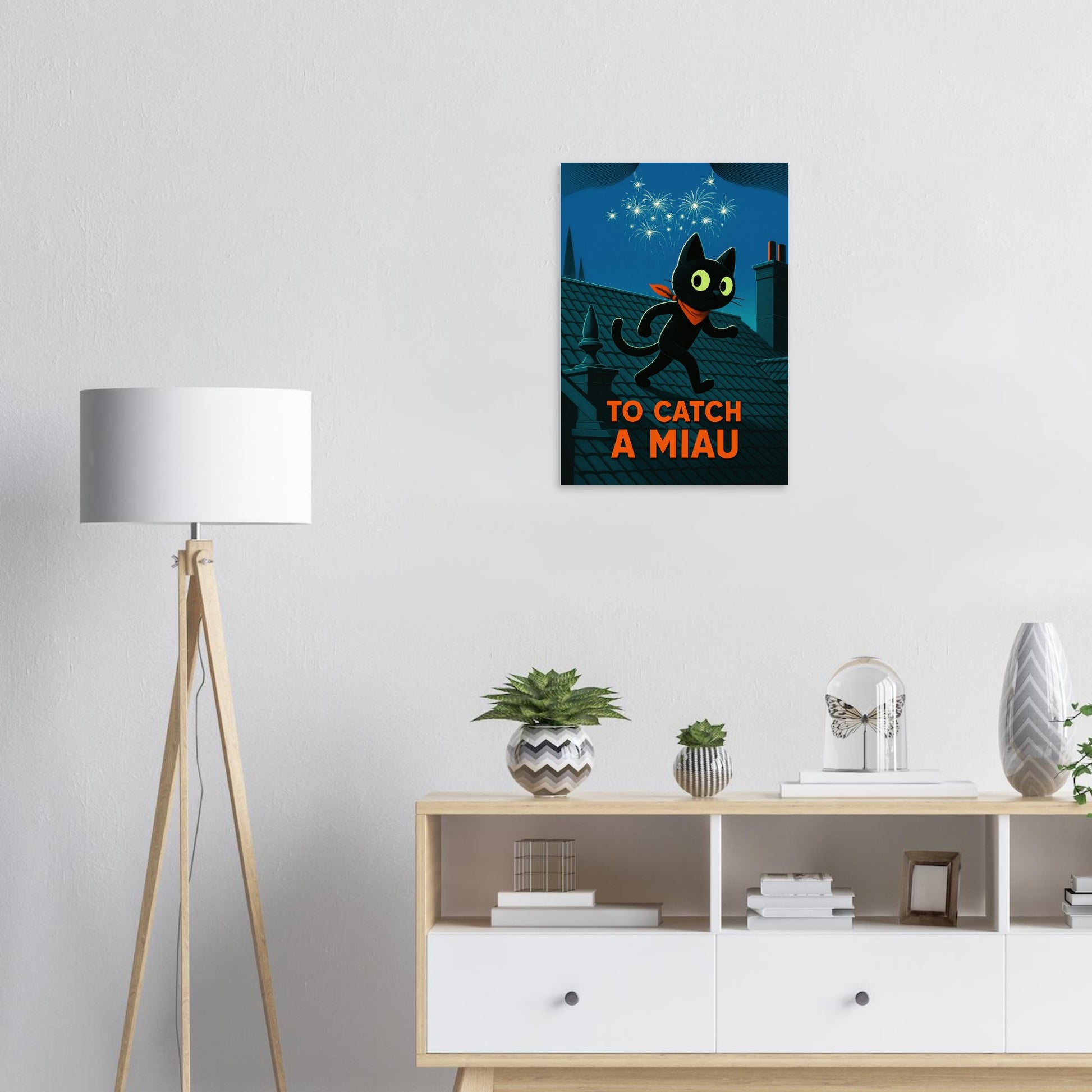 CiaoMiau "To Catch a Miau" wall art print in modern minimal living room - vintage movie poster style, stylish wall decoration with Scandinavian decor elements