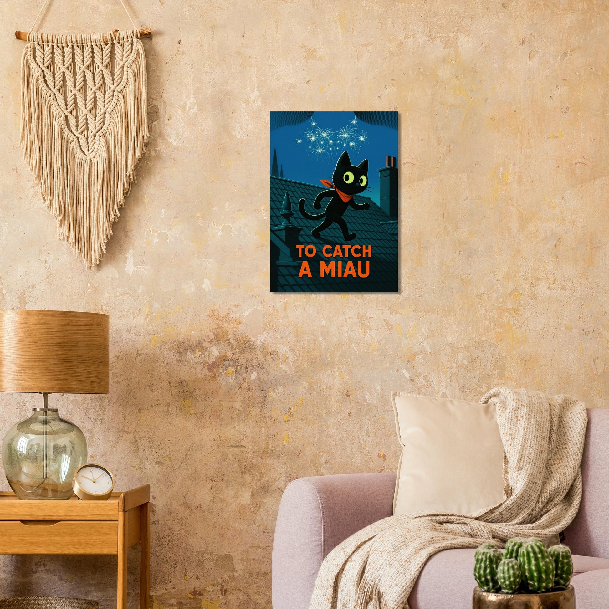 CiaoMiau "To Catch a Miau" wall art print - vintage movie poster style shown in living room wall decor with cozy boho interior