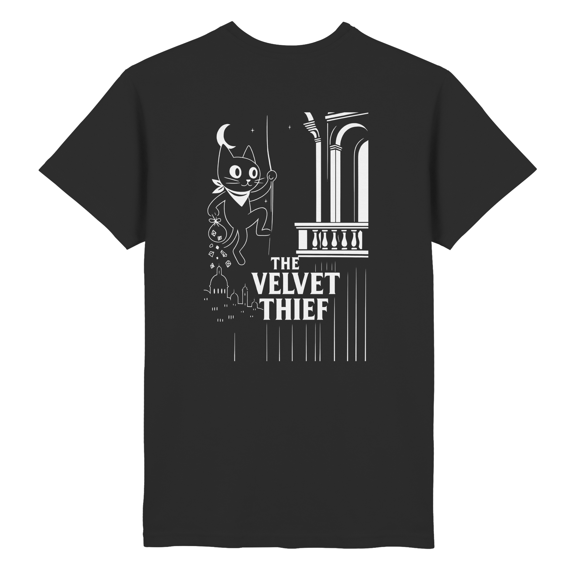 Rückseite des schwarzen CiaoMiau T-Shirts mit weißem Retro-Print: eine stilisierte schwarze Katze klettert mit Juwelen im Beutel eine Fassade hoch – „The Velvet Thief“-Design im Film-Noir-Stil"