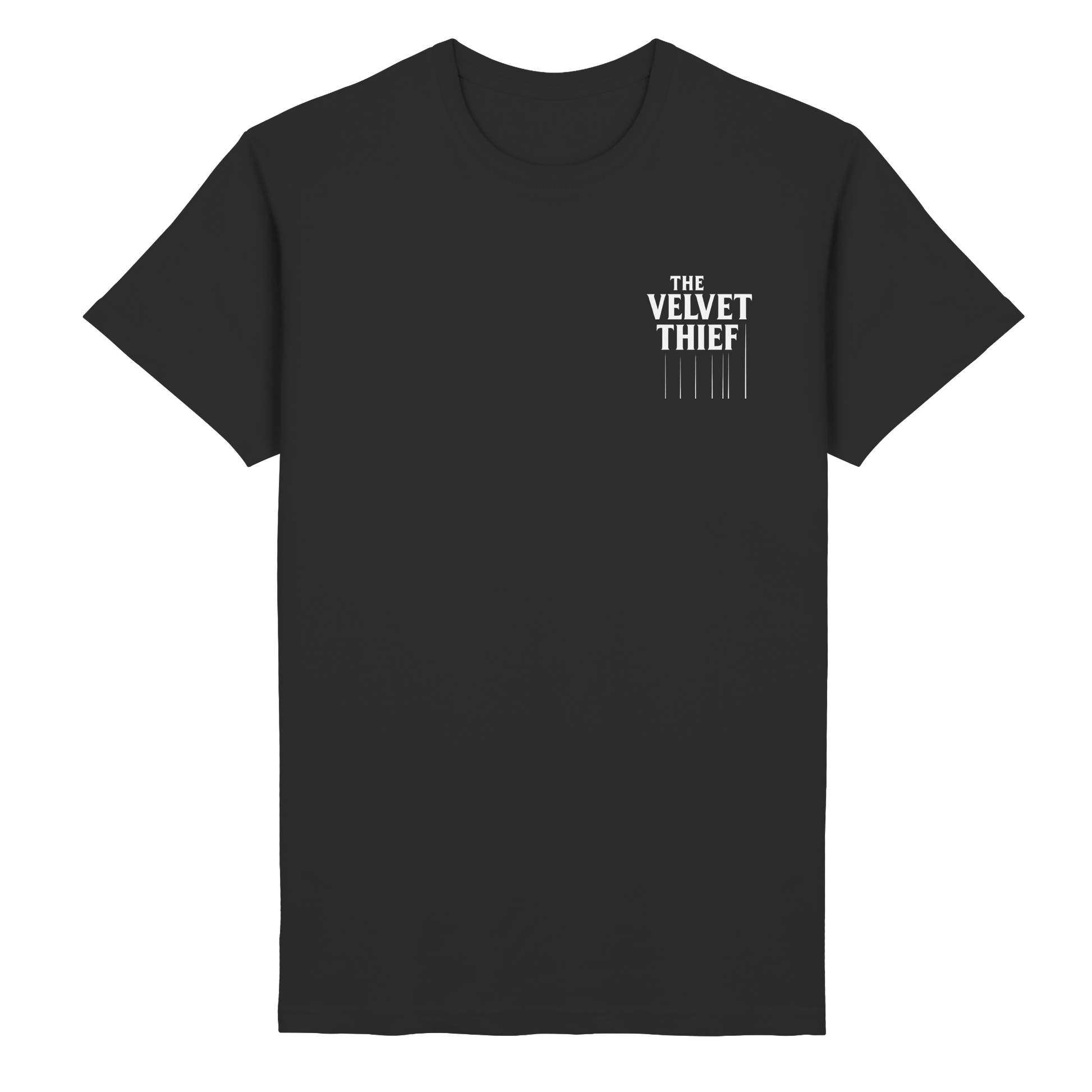 Schwarzes CiaoMiau T-Shirt mit kleinem weißen Frontprint „The Velvet Thief“ – minimalistisches Retro-Design mit eleganter Typografie