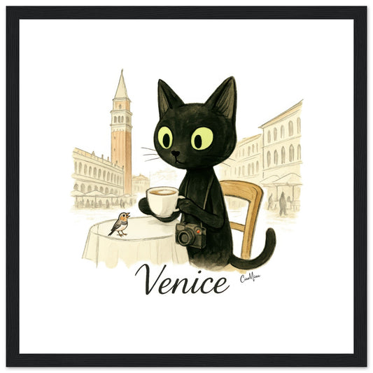 CiaoMiau black cat sitting at Venice Piazza San Marco cafe, drinking Italian coffee, bird on table, black cat art print with camera travel scene with leica