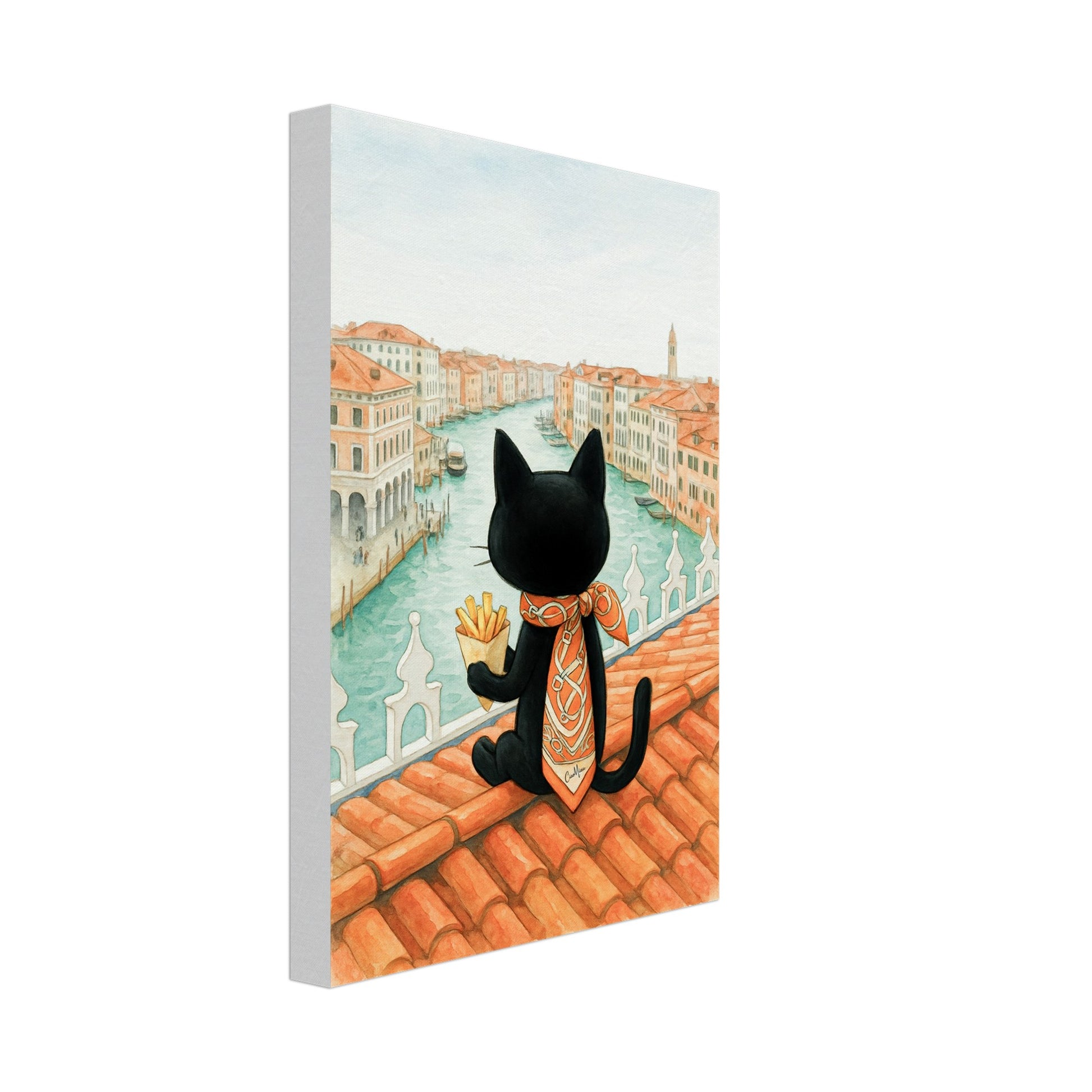 Side view canvas art print CiaoMiau black cat with Grand Canal Venice background, sitting on rooftop with fan, stylish Venice wall decor