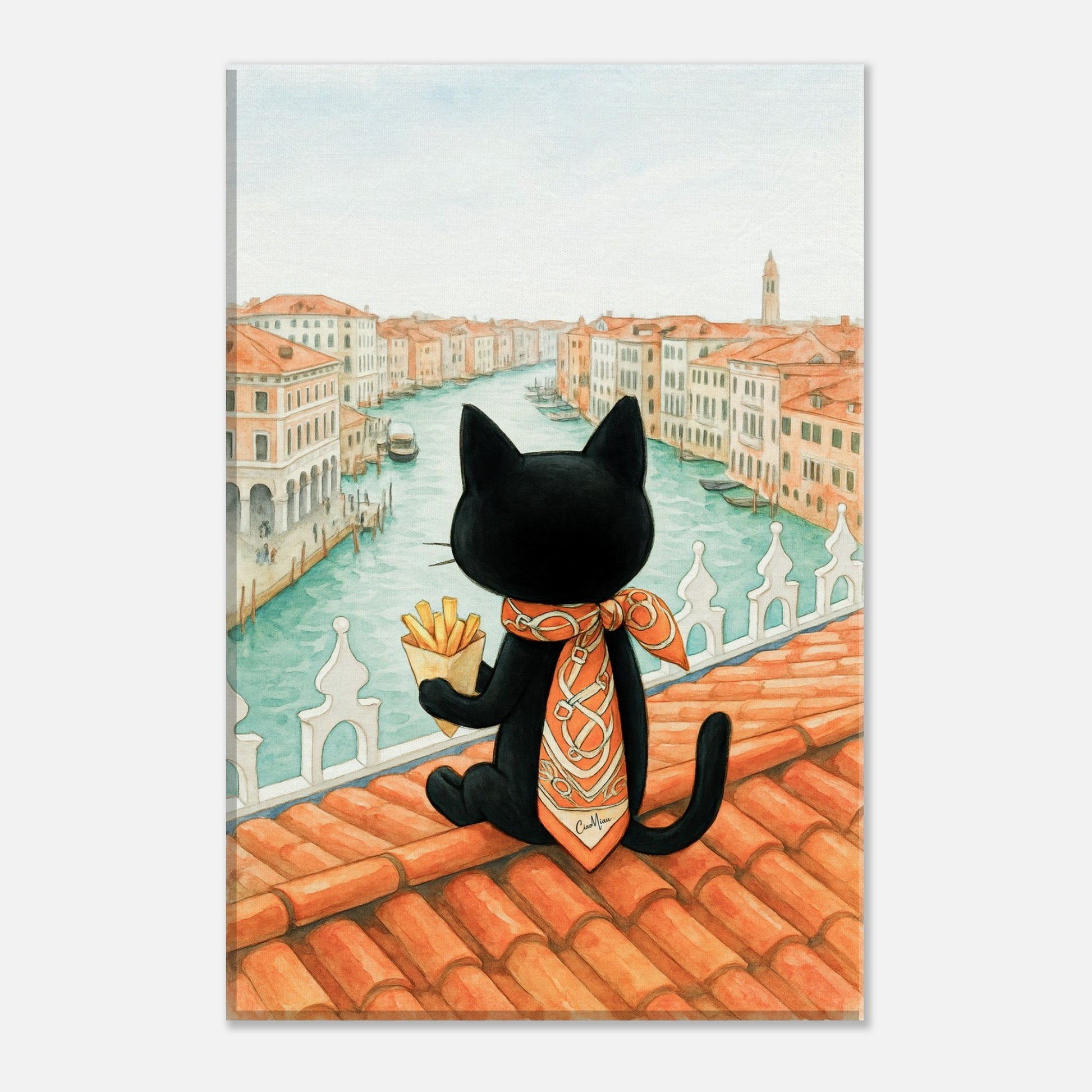 CiaoMiau black cat poster with Grand Canal Venice view, stylish wall art illustration of black cat on rooftop holding golden fan, overlooking canal and Venetian houses