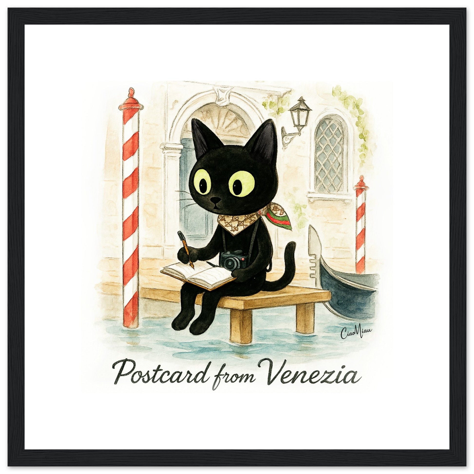 Vintage Venice Poster mit CiaoMiau Katze unter venezianischen Arkaden – stilvolle Wandkunst im modernen Interior