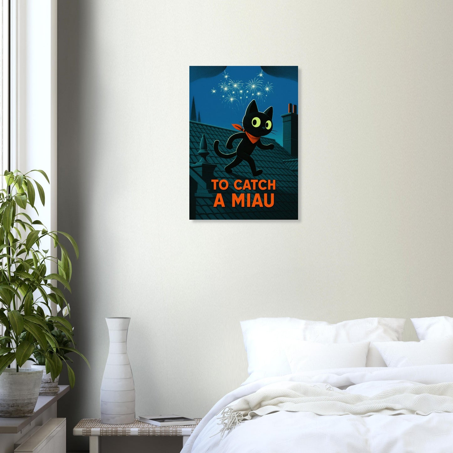 CiaoMiau "To Catch a Miau" art print hanging in modern white bedroom, cozy wall art above bed, black cat vintage movie poster with plants and minimal decor