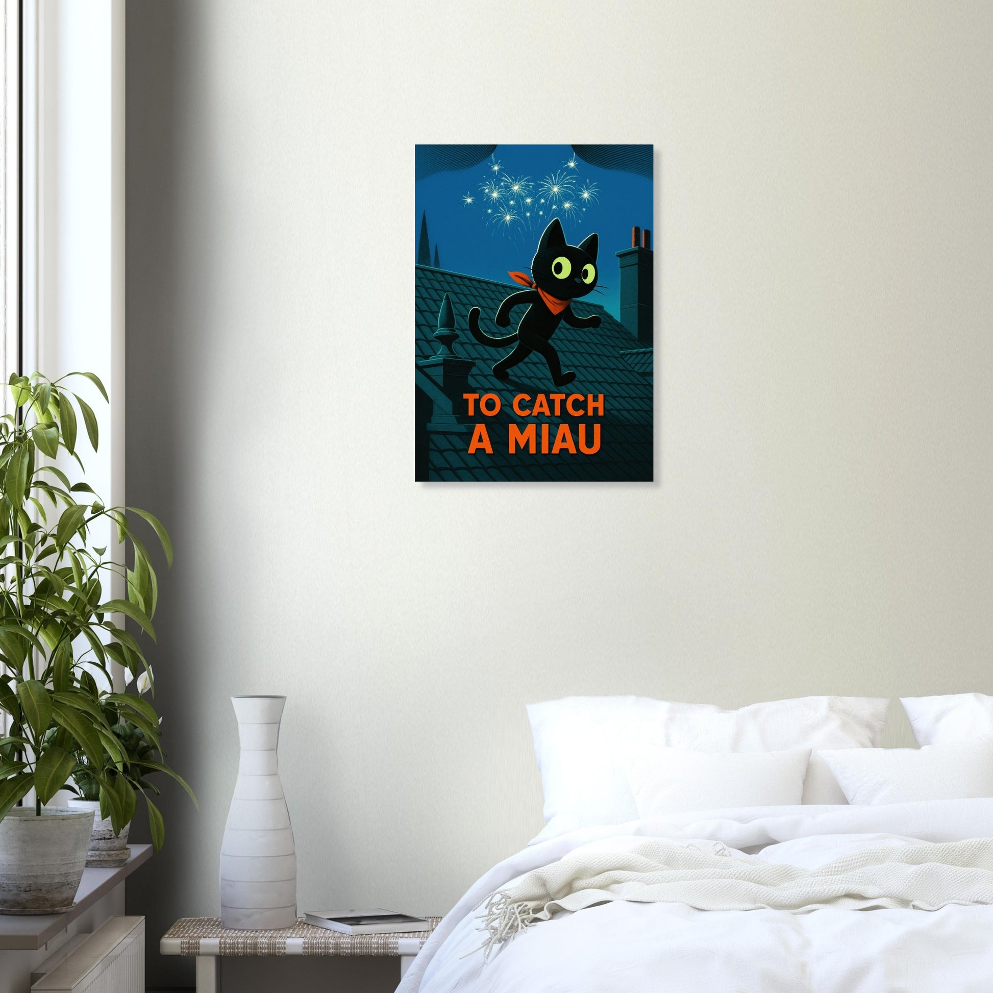 CiaoMiau "To Catch a Miau" art print hanging in modern white bedroom, cozy wall art above bed, black cat vintage movie poster with plants and minimal decor