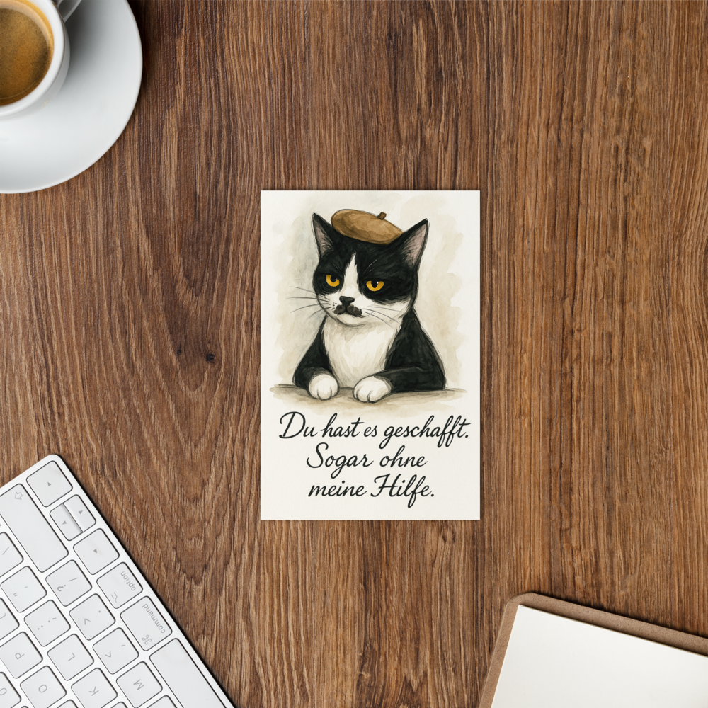 Witzige Glückwunschkarte mit Katze – Du hast es geschafft. Sogar ohne meine Hilfe. Karte auf Holztisch mit Umschlag.