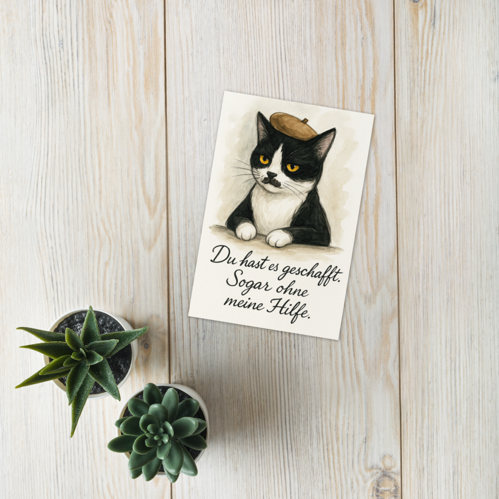 Witzige Glückwunschkarte mit Katze – Du hast es geschafft. Sogar ohne meine Hilfe. Karte auf hellem Holztisch mit Pflanzen.